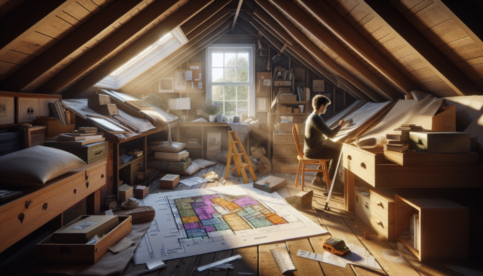 Clearing a UK Attic Affordably: Detailed attic assessment in UK home: measuring, cataloging items, optimizing space, blueprint, natural light.