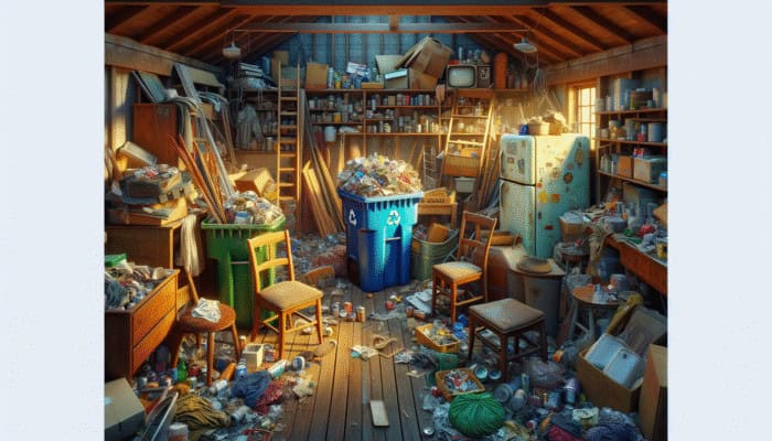 Attic clutter marked for disposal, including damaged furniture, old appliances, and worn clothing, with a recycling bin for sorted materials nearby.