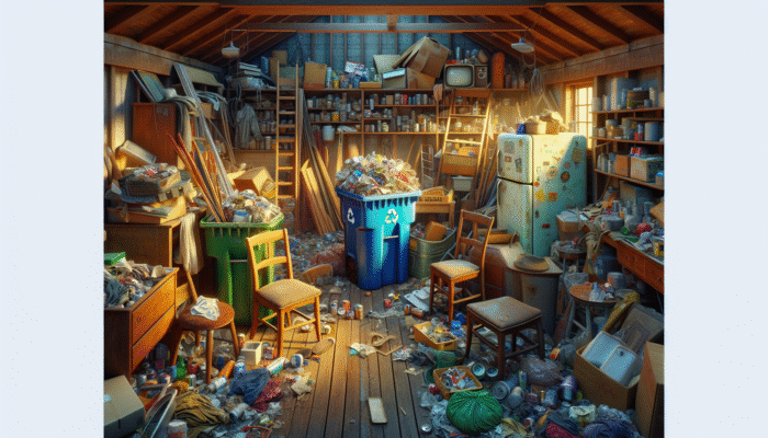 Attic clutter marked for disposal, including damaged furniture, old appliances, and worn clothing, with a recycling bin for sorted materials nearby.