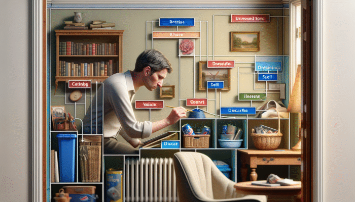 Clearing a Home After Moving: Person walking through UK home, categorizing belongings into 'keep', 'donate', 'sell', 'discard' boxes.