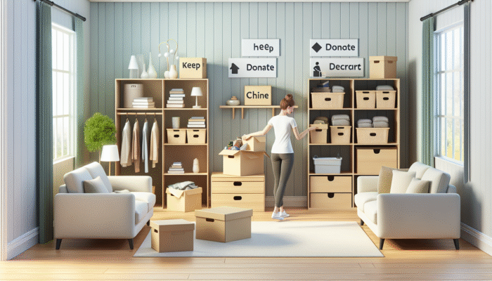A minimalist living room with organized shelves, storage boxes, and a homeowner sorting items into piles.