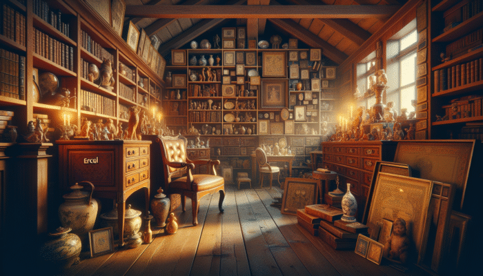 High-Value Item Tips For House Clearance: Vintage Ercol furniture, rare books, and collectibles in a golden-lit attic.