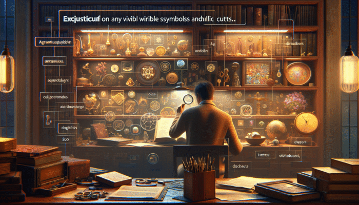 Person examining antiques and jewelry with a magnifying glass in a warmly lit study.