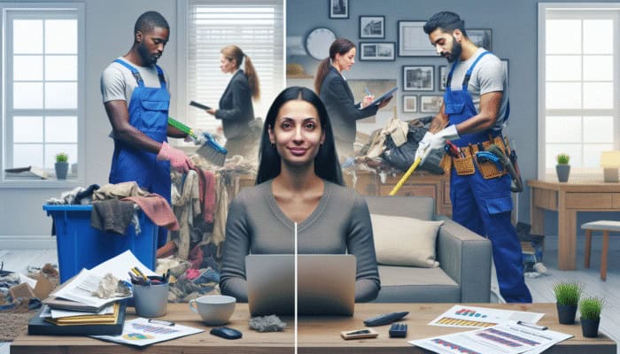 Professional house clearance team using tools to efficiently clear a cluttered home, showing transformation.
