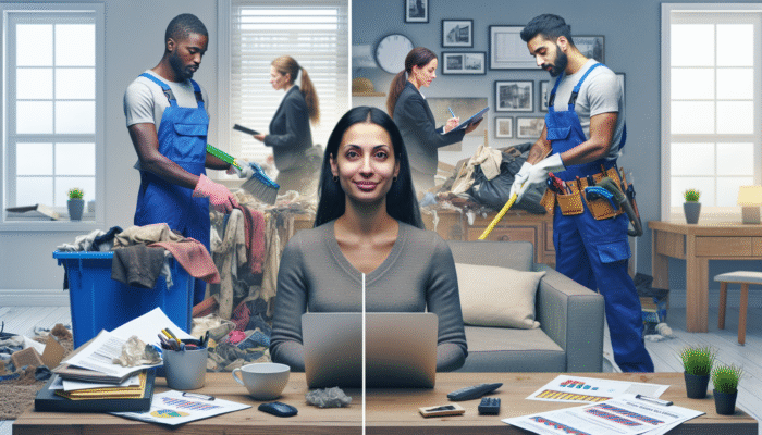 Professional house clearance team using tools to efficiently clear a cluttered home, showing transformation.