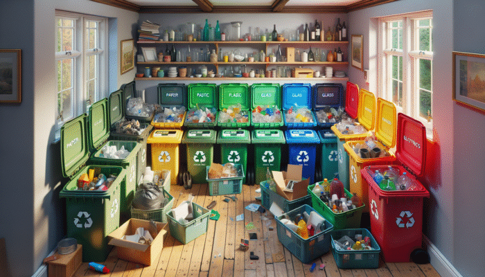 Sorting station with labeled bins for paper, plastic, glass, electronics in a UK house clearance, promoting recycling compliance.