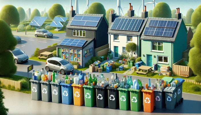 Household waste items like plastics, glass, and paper sorted into recycling bins in a green UK neighborhood.