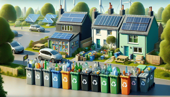 Household waste items like plastics, glass, and paper sorted into recycling bins in a green UK neighborhood.
