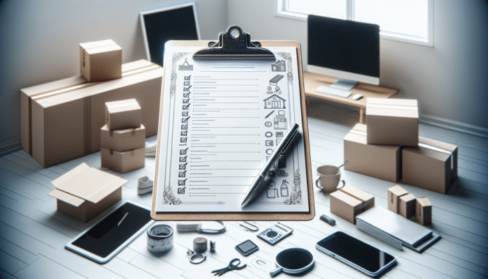 Checklist on clipboard for property clearance, surrounded by furniture, electronics, and boxes in empty room.