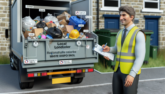 UK landlord using truck for sorted rubbish disposal at designated site, following local council rules.