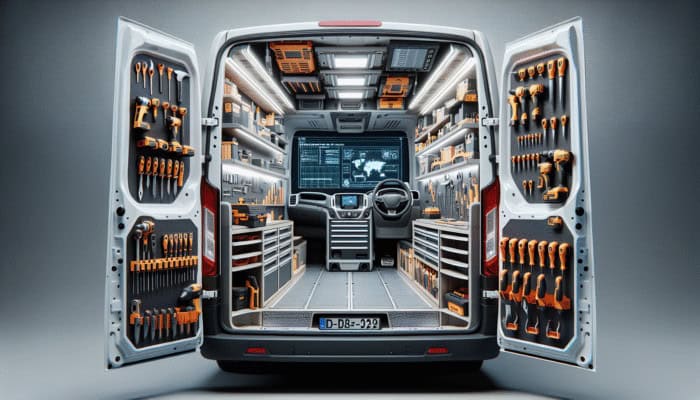 Tool Storage Ideas for Clearance Teams: Modern van interior with custom shelving, neatly organizing tools for optimal space and accessibility.