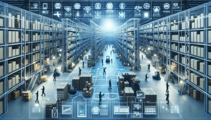 A modern warehouse with organized storage units and workers using technology for inventory management.