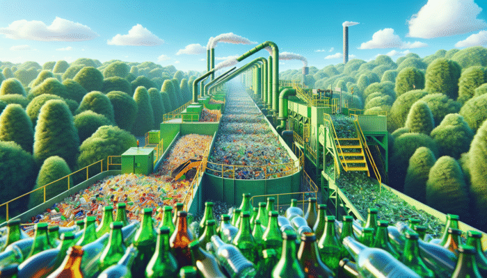 Recycling Glass in UK House Clearances: Glass bottles being recycled in a UK facility, surrounded by lush greenery and clear skies, symbolizing environmental benefits.