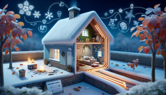 Winter Safety Tips for House Clearance: Cozy UK home in winter, well-insulated with visible pipe and wall insulation, warm interior, reduced energy bills graph.