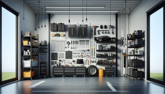 Tool Organisation Strategies For Home Decluttering: Modern garage with tools on wall-mounted racks and pegboards, maximizing vertical space and keeping floor clutter-free.