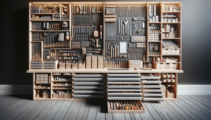 A well-organized workshop with neatly sorted tools on labeled shelves and drawers.
