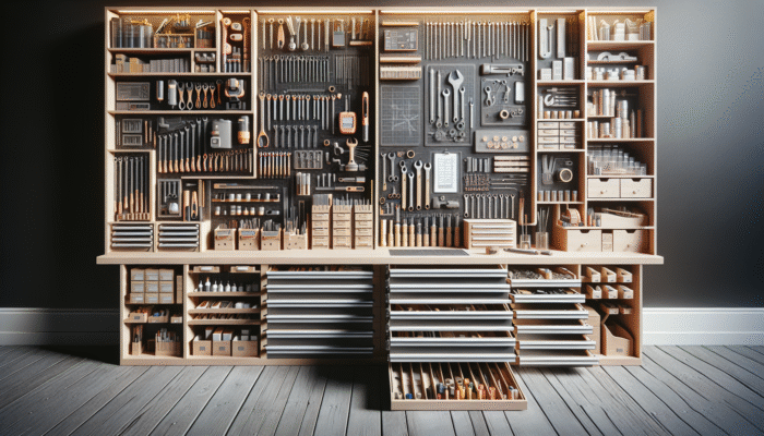 A well-organized workshop with neatly sorted tools on labeled shelves and drawers.