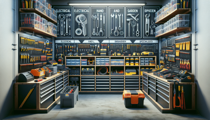 Tools organized by type in a workshop, using labeled bins and shelves for efficiency.