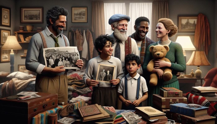 Clearing a UK Home Sensitively: A person surrounded by belongings, experiencing mixed emotions, with family sharing stories and support during home clearance.