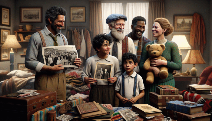 A person surrounded by belongings, experiencing mixed emotions, with family sharing stories and support during home clearance.