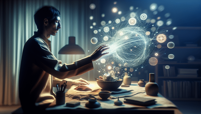 A person sorting sentimental items in a serene home, setting boundaries for emotional well-being.