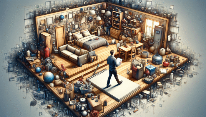 A person assessing a cluttered home, noting room sizes and contents, marking areas of emotional significance.