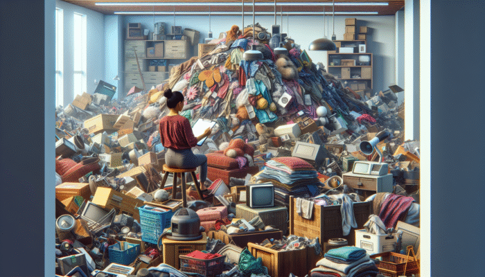 A person with a clipboard assessing a cluttered living room for budget-friendly house clearance.