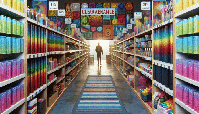 A person browsing a colorful clearance section with signs of affordable prices, leading to a service counter with a friendly staff member.