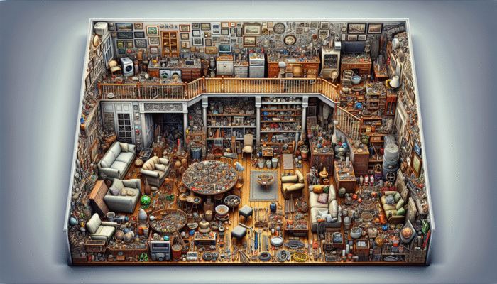 A detailed room-by-room inventory list for house clearance, showing furniture, appliances, decor, and tools.