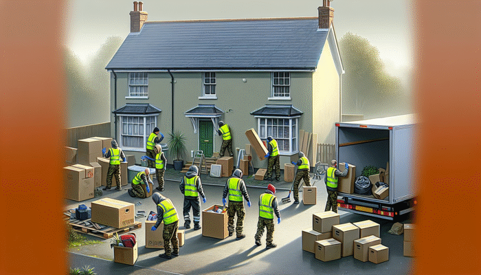 Professional team in high-visibility vests clearing a UK home, sorting items into labeled boxes, truck ready for transport.