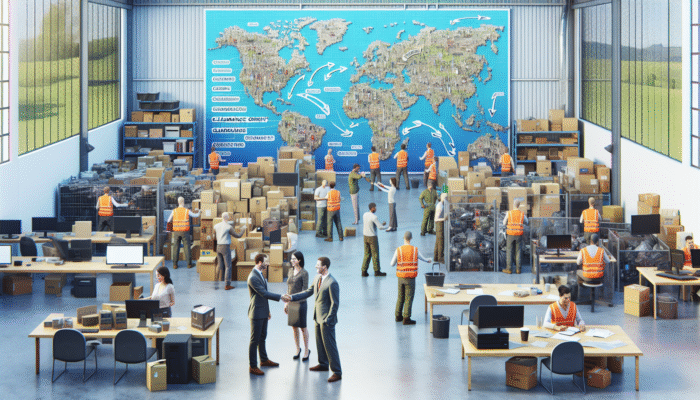 A busy local clearance office with workers sorting items, regional waste map, and a customer shaking hands with staff.