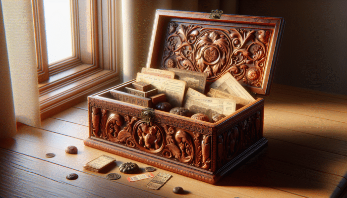 A wooden keepsake box with carvings, filled with nostalgic items on a sunlit windowsill.