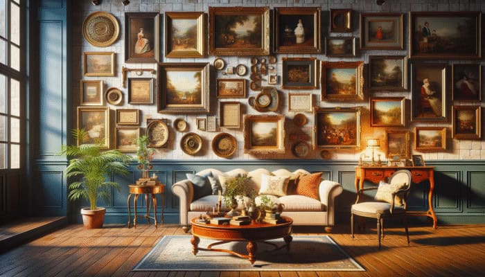 Gallery wall with framed vintage artworks, showcasing family portraits and market finds, evoking nostalgia and cultural richness.