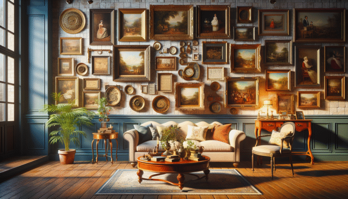 Gallery wall with framed vintage artworks, showcasing family portraits and market finds, evoking nostalgia and cultural richness.