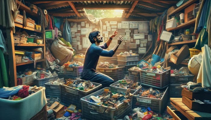 Techniques for Clearing Sheds in UK Homes: A person sorting shed items into reusable, recyclable, and disposable piles, discovering hidden treasures.