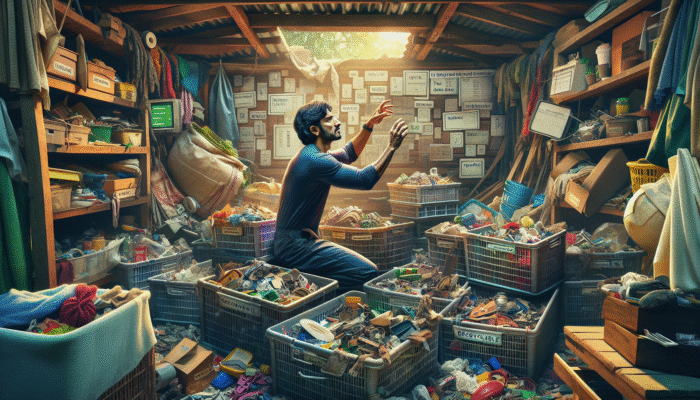 Techniques for Clearing Sheds in UK Homes: A person sorting shed items into reusable, recyclable, and disposable piles, discovering hidden treasures.