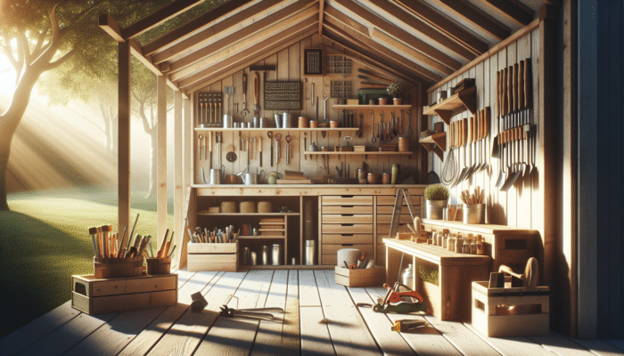 A serene shed with neatly organized tools and storage solutions in soft sunlight.