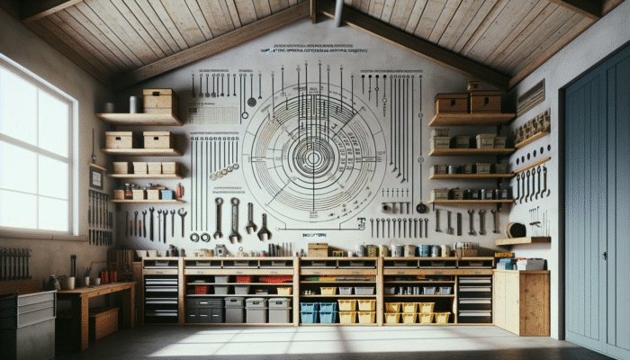 A well-organized shed with tools and bins, calendar showing decluttering schedules.