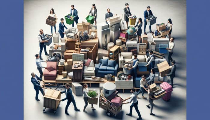 Professional team sorting and handling household items with care, focusing on recycling and compliance.