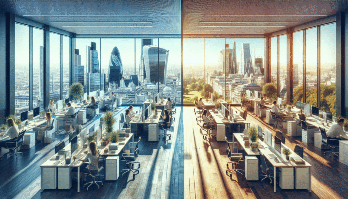 Cost of Office Clearance in the UK: Office in central London with high clearance costs versus serene rural office with lower fees.