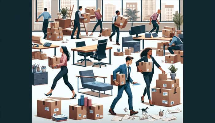 Workers urgently packing and moving office furniture, signs showing extra fees for urgent services and specialized disposal in a modern UK office.