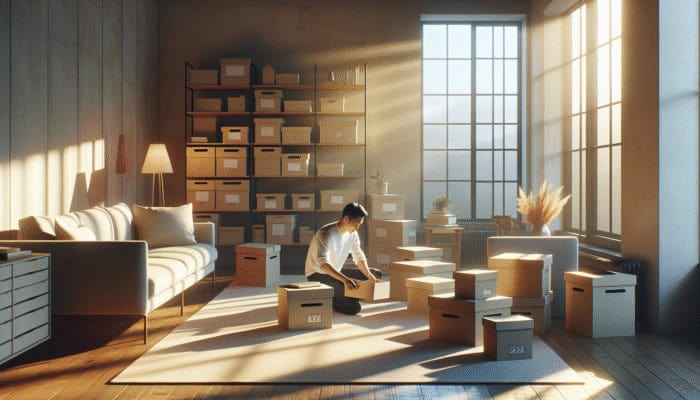 Strategies for Clearing UK Flats Quickly: A serene living room with a person sorting items into boxes, sunlight enhancing the calm atmosphere for decluttering.