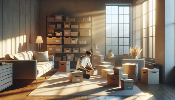 Strategies for Clearing UK Flats Quickly: A serene living room with a person sorting items into boxes, sunlight enhancing the calm atmosphere for decluttering.