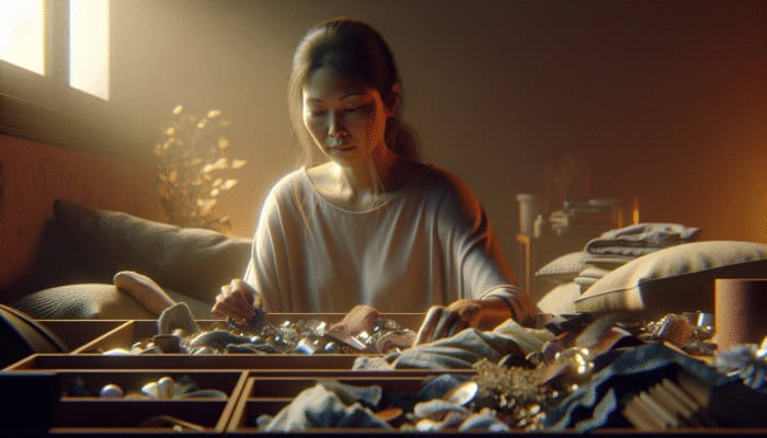 A person sorting sentimental items with a serene expression, surrounded by warm lighting, symbolizing compassionate decluttering.