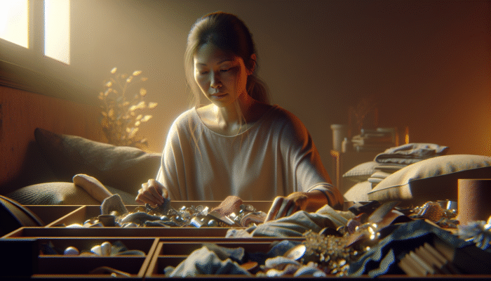 A person sorting sentimental items with a serene expression, surrounded by warm lighting, symbolizing compassionate decluttering.