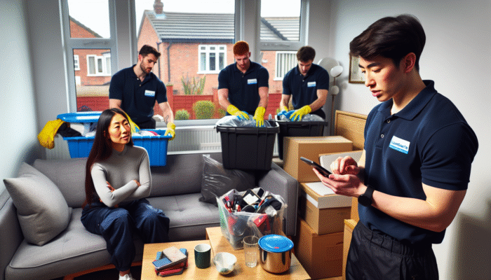 House Clearance Services in Liverpool: Professional team in Liverpool clearing a cluttered house, offering emotional support to homeowner.