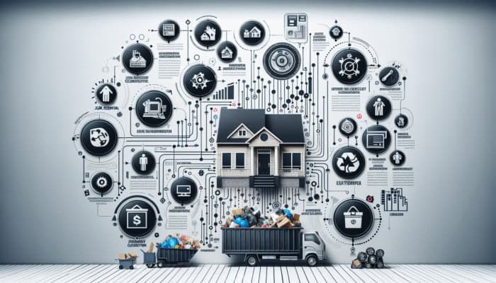 Infographic displaying various house clearance services like junk removal, estate cleanouts, and hoarding cleanup with icons and descriptions.