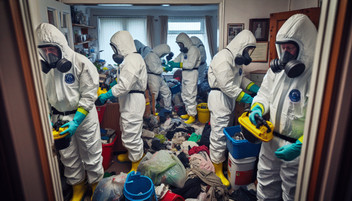 Professional team in hazmat suits clearing a cluttered, hoarded house in Liverpool, removing hazardous materials safely.