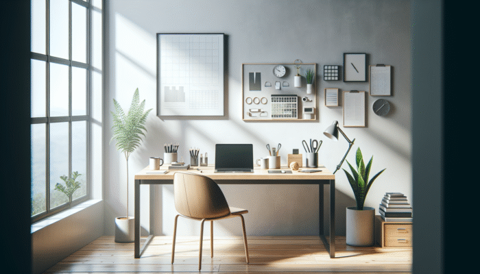 A minimalist desk with laptop, plant, and office supplies in a bright, airy room with large windows.