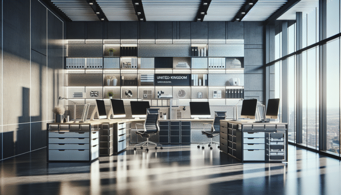 Modern UK office with multifunctional furniture, vertical shelving, and digital screens for reduced clutter.